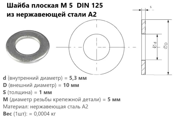 Шайба плоская М 5 из нержавеющей стали DIN 125 А2 (шт)